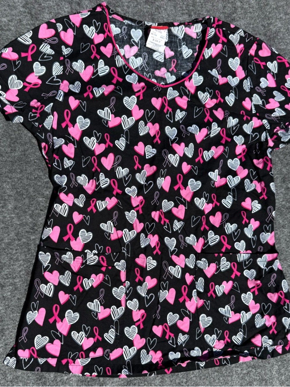 Dickies Black Scrub Top with Pink Ribbon & White Heart Accents size small